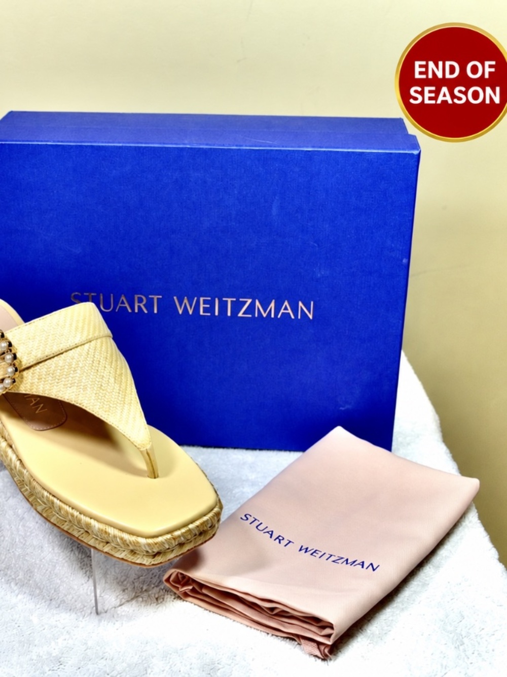 Stuart Weitzman Pearl Buckle Espadrille Sandals in Wheat/Cream, Size 6.5